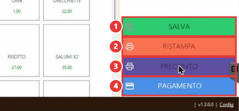 Pulsanti Salva, Ristampa, Preconto e Pagamento